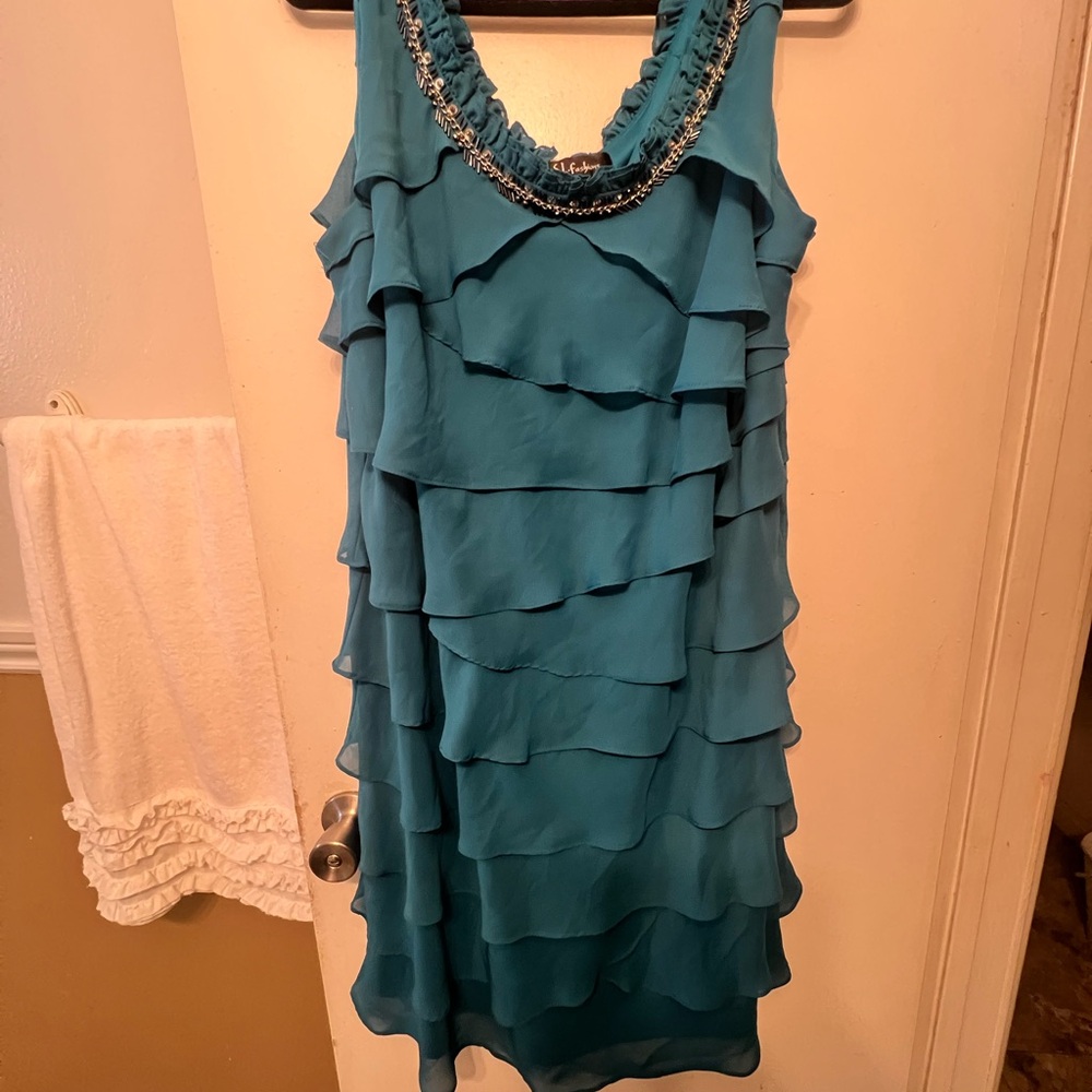 S.L. Fashions Teal Layered Mini Dress